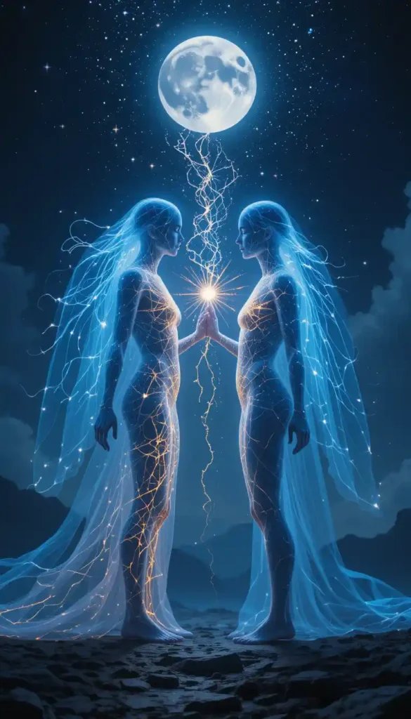 Ethereal image of two luminous figures meeting unexpectedly, forming a deep spiritual connection under a moonlit sky, symbolizing a karmic or soulmate bond.