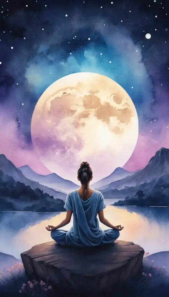 Person meditating under a glowing full moon with a radiant aura and subtle mandala patterns in the sky, symbolizing inner alignment.
