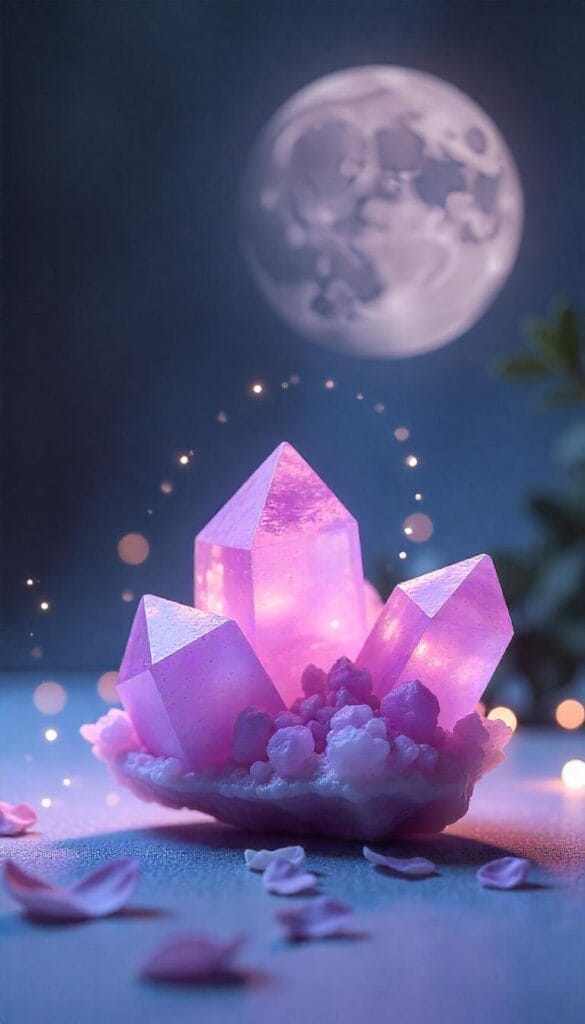 Lepidolite crystal cluster under a waning moon with soft lavender mist and calming, healing energy.