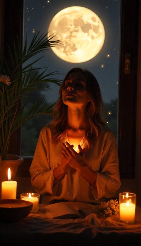Person expressing gratitude under the full moon with hands on heart, surrounded by peaceful light.