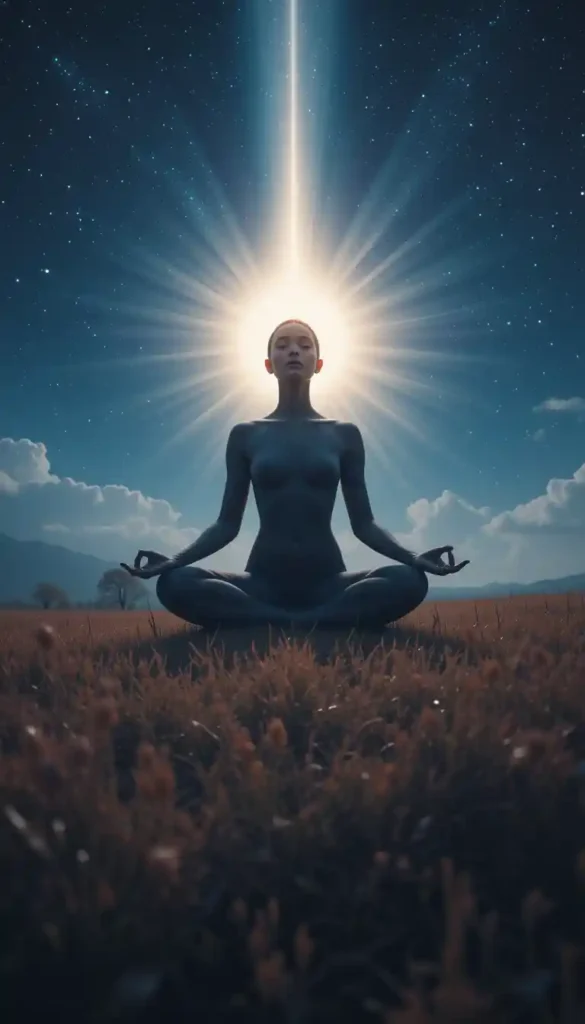 Ethereal image of a serene figure radiating inner peace and light from within, symbolizing self-love as the foundation for true love, guided by lunar energy.