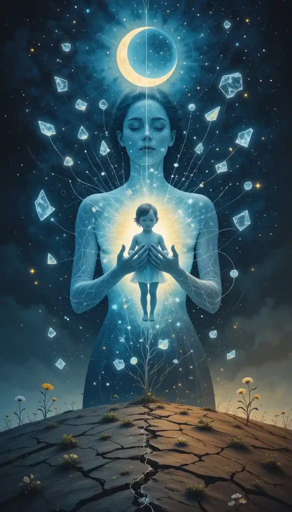 Woman with inner child surrounded by emotional shards and healing constellations, showing Moon sign's role in childhood wound recovery