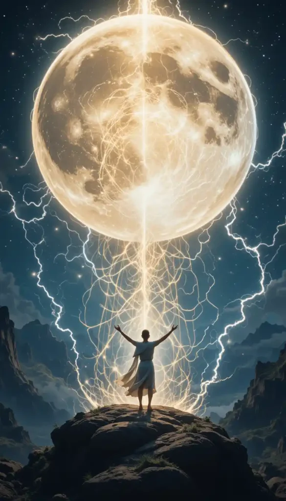 A powerful Supermoon radiates energy onto a figure harnessing its light for bold transformation.