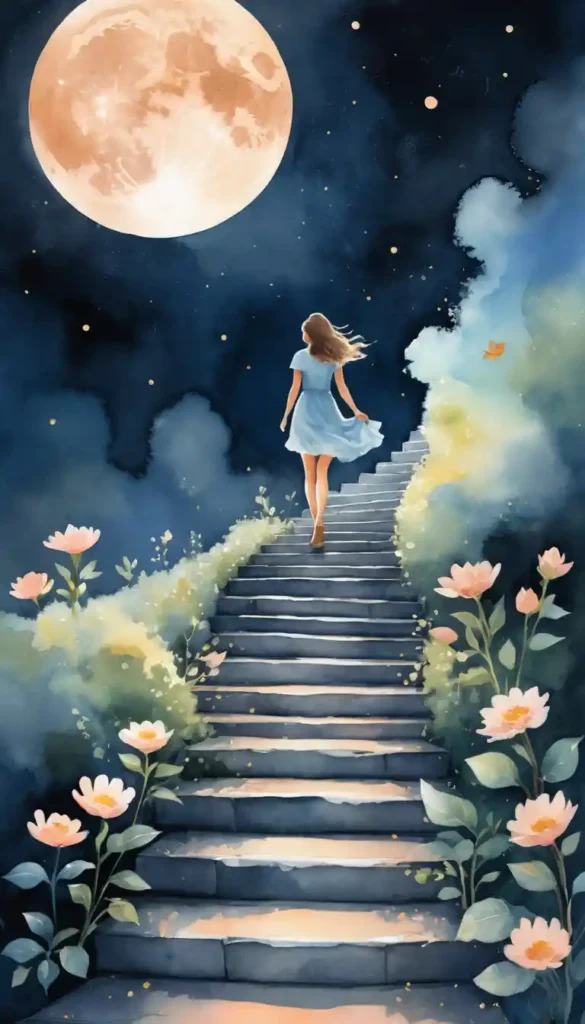 Person climbing glowing steps toward a full moon, with each step marked by symbols like stars and flowers representing small wins.