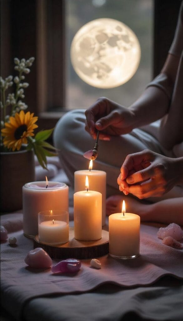 Person extinguishing ritual candles with a snuffer under the soft glow of the full moon.