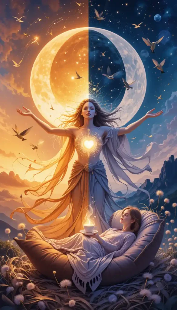 Woman balancing active and restful phases under different moons, representing emotional rhythms guided by Moon sign energy