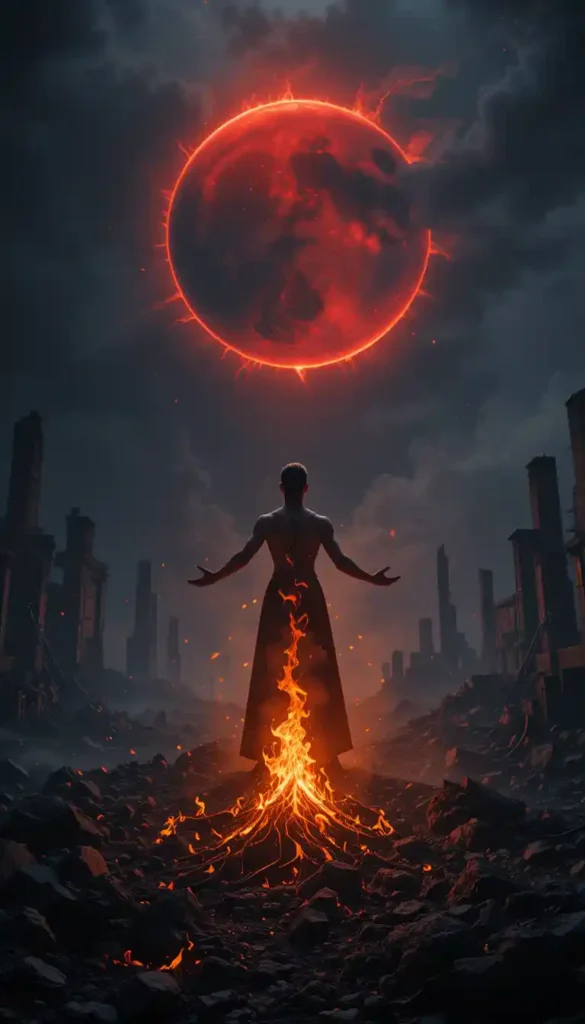 A figure stands beneath a glowing Blood Moon, rising from ashes in a powerful moment of renewal.