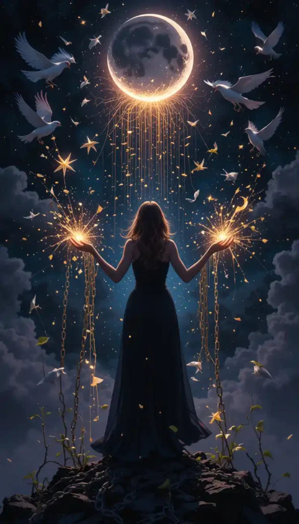 Woman releasing chains that become birds under dark moon, showing emotional liberation from relationships, habits and beliefs