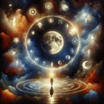 A cosmic illustration featuring a large moon surrounded by various symbols and figures in a colorful background.