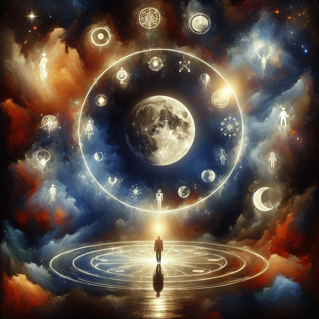 A cosmic illustration featuring a large moon surrounded by various symbols and figures in a colorful background.