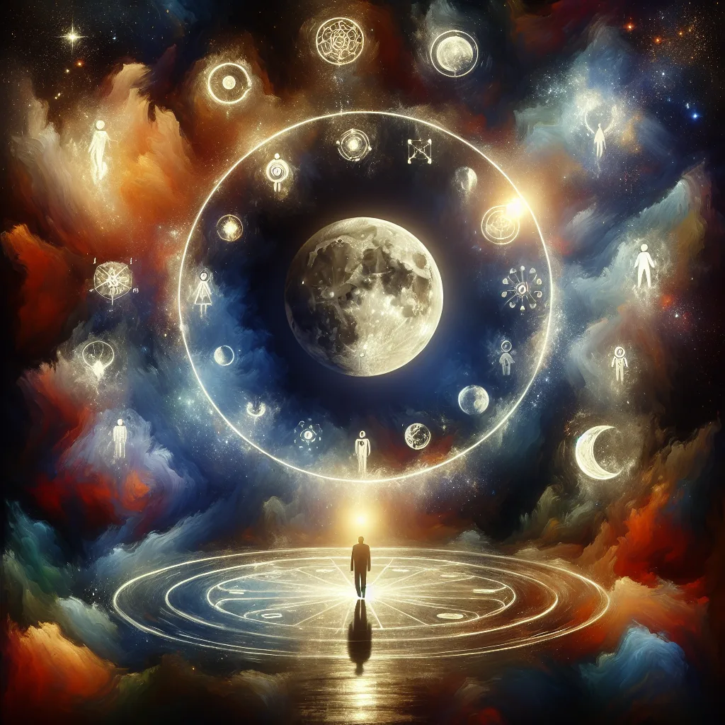 A cosmic illustration featuring a large moon surrounded by various symbols and figures in a colorful background.