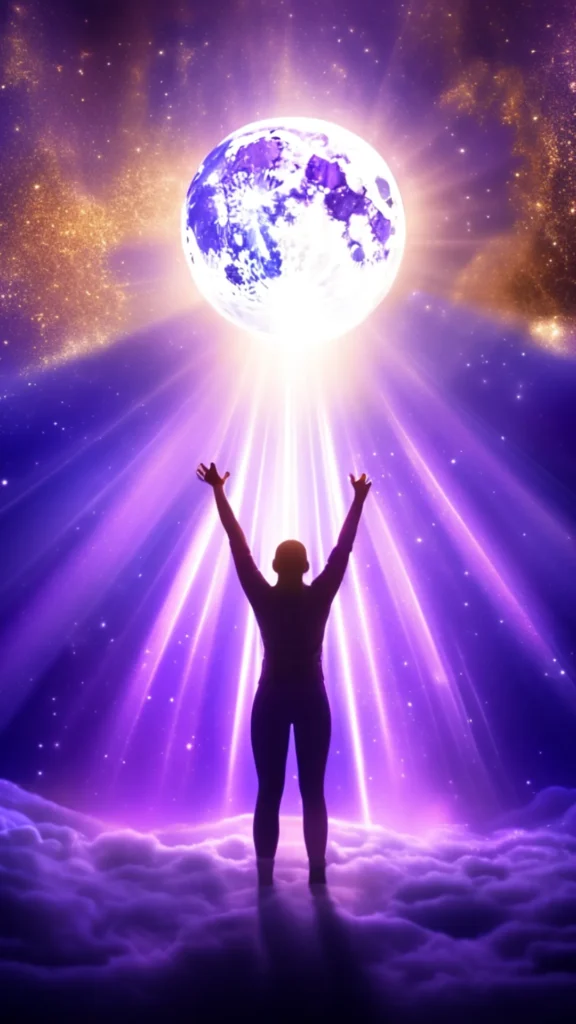 Confident figure under full moon reaching toward a glowing vision board filled with dream symbols.