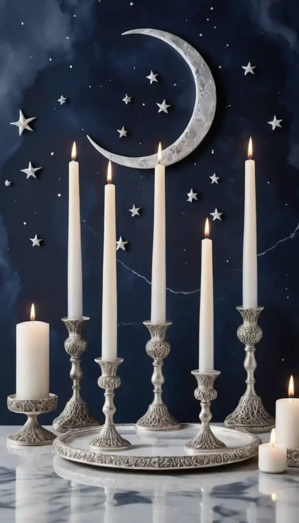 White and silver candles glowing under a crescent moon with drifting smoke and mystical sparkles.