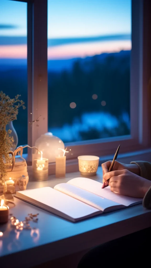 Person journaling by moonlight with crystals, tea, and a planner aligned to lunar energy.