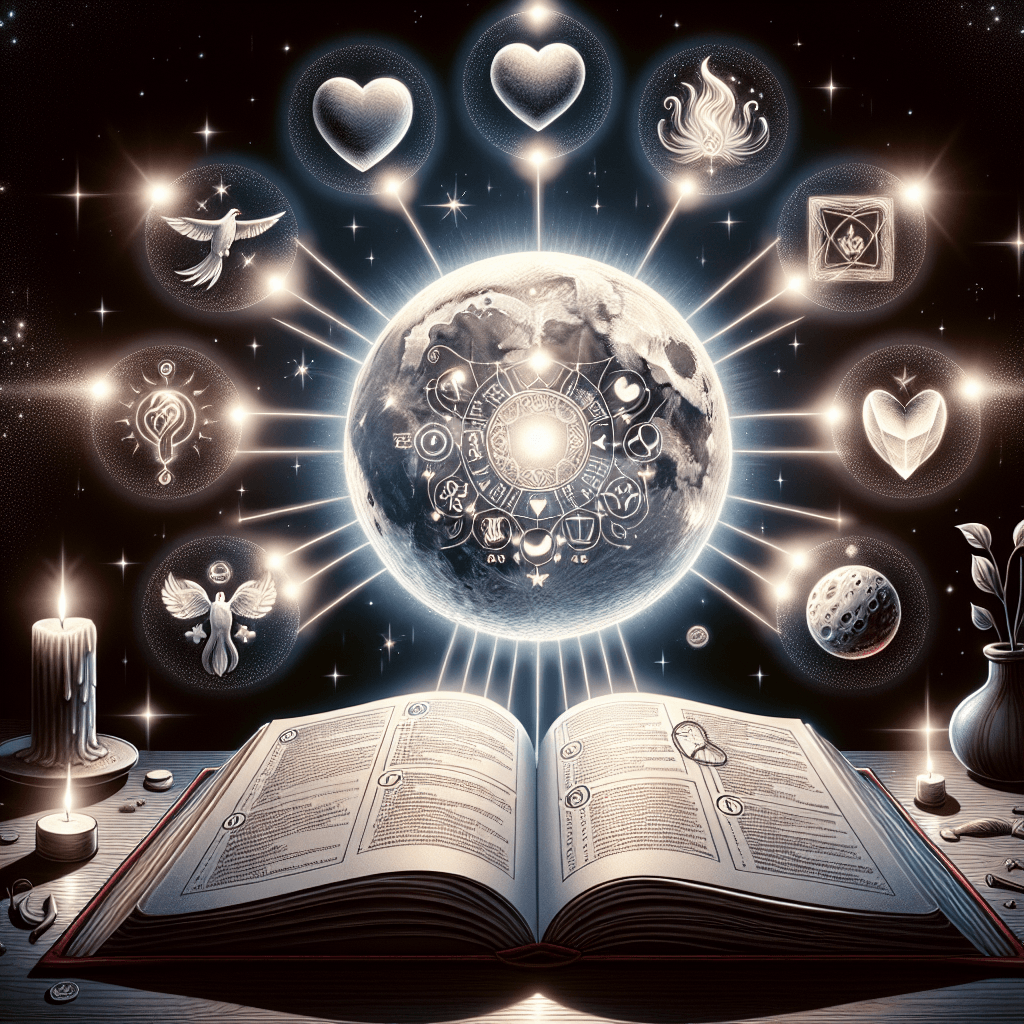 An open book with celestial symbols and a large moon surrounded by various icons and illustrations.