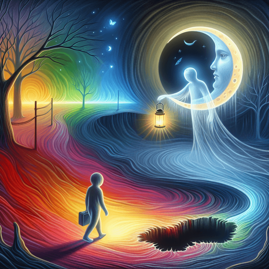 A surreal landscape featuring a figure holding a lantern, with a moon and face in the background.