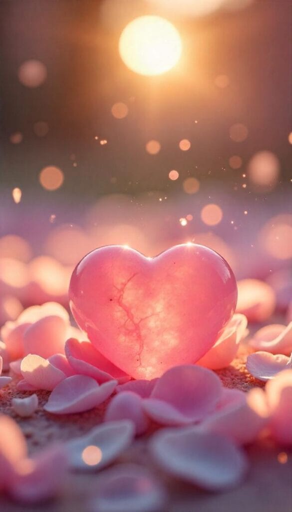 Rose quartz crystal glowing under a waxing moon with soft pink light and symbols of love and healing.