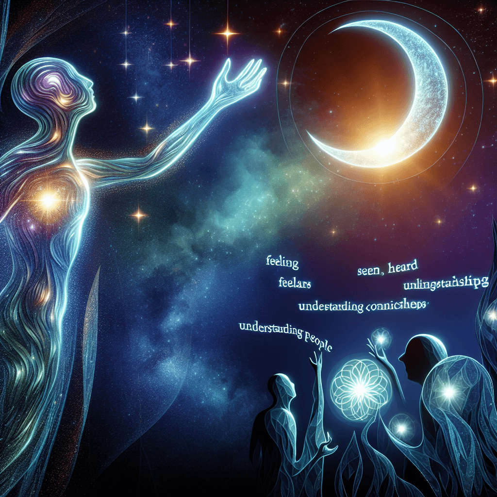 Abstract illustration depicting a glowing figure reaching towards a crescent moon with cosmic elements in the background.