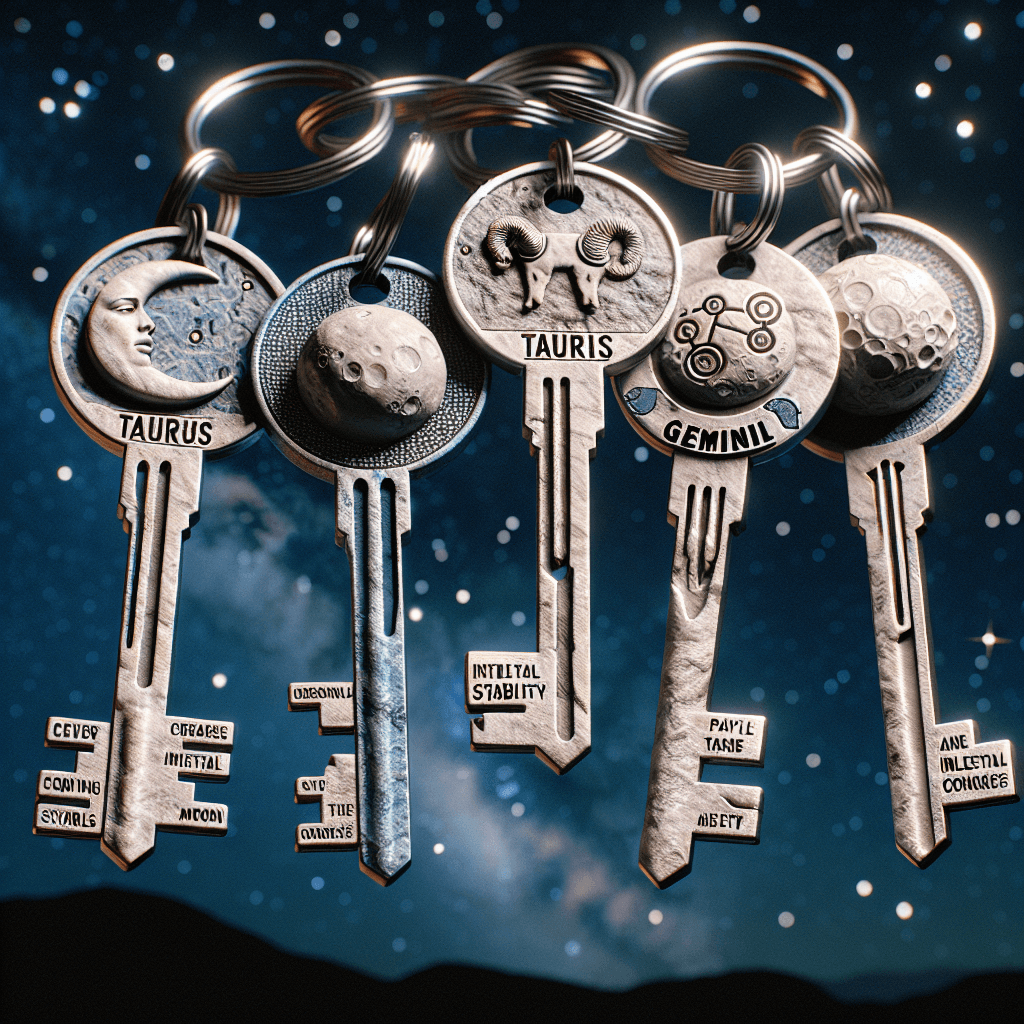 Five decorative keys with astrological symbols for Taurus and Gemini, set against a starry background.