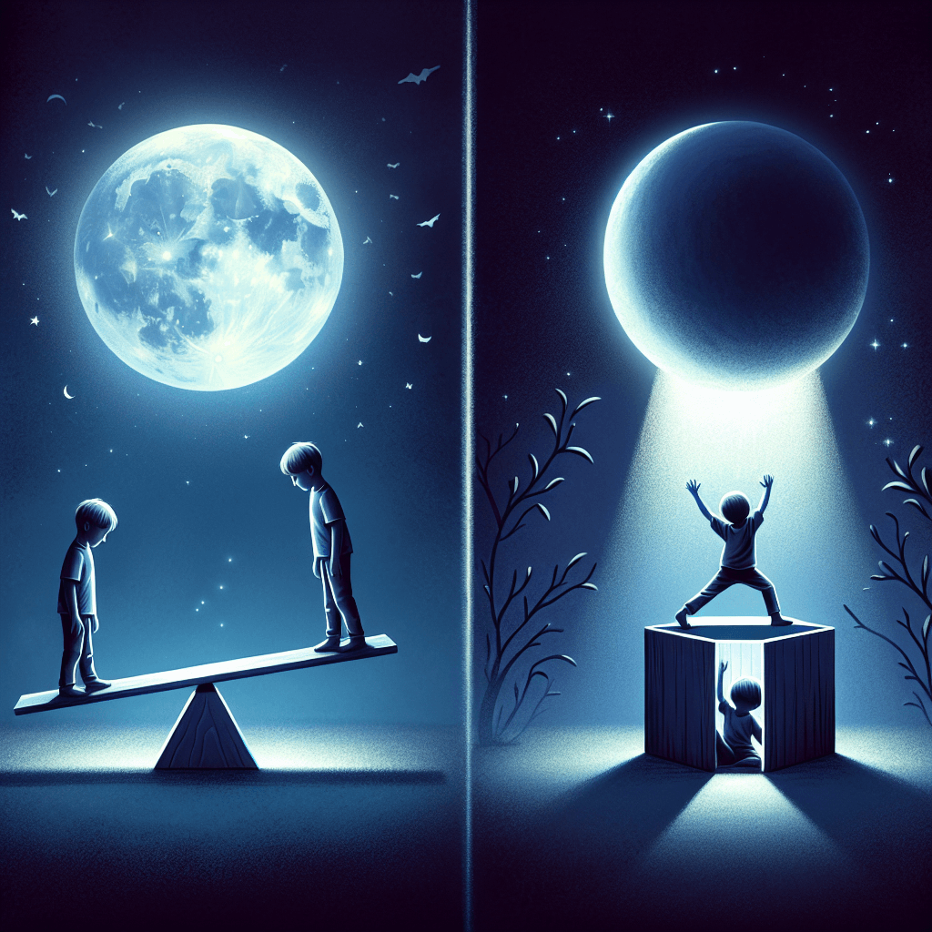 Two children on a seesaw under a bright moon and a child on a box with a beam of light in a dark setting.