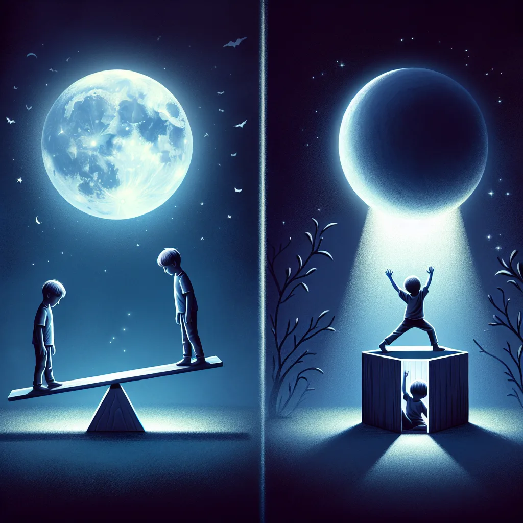 Two children on a seesaw under a bright moon and a child on a box with a beam of light in a dark setting.