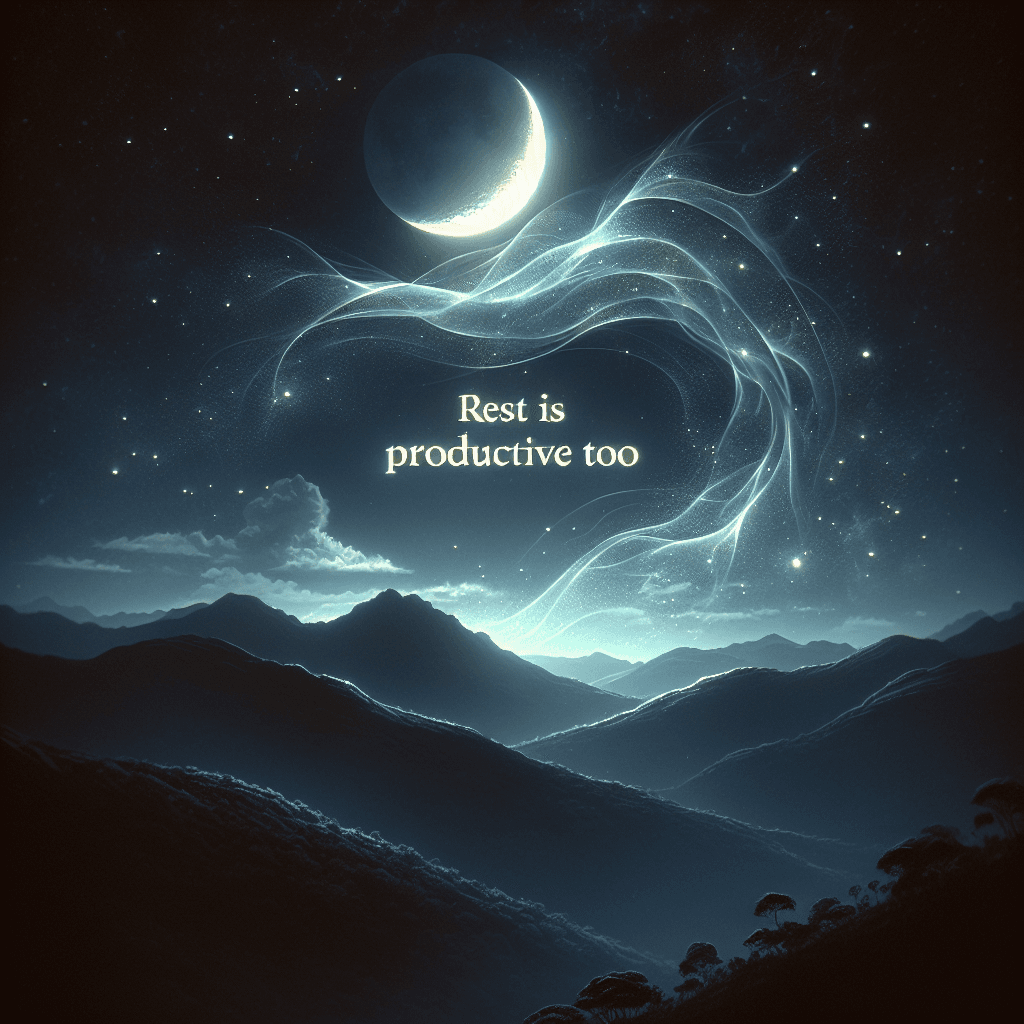 A night landscape featuring a crescent moon and wispy clouds with the text 'Rest is productive too'.