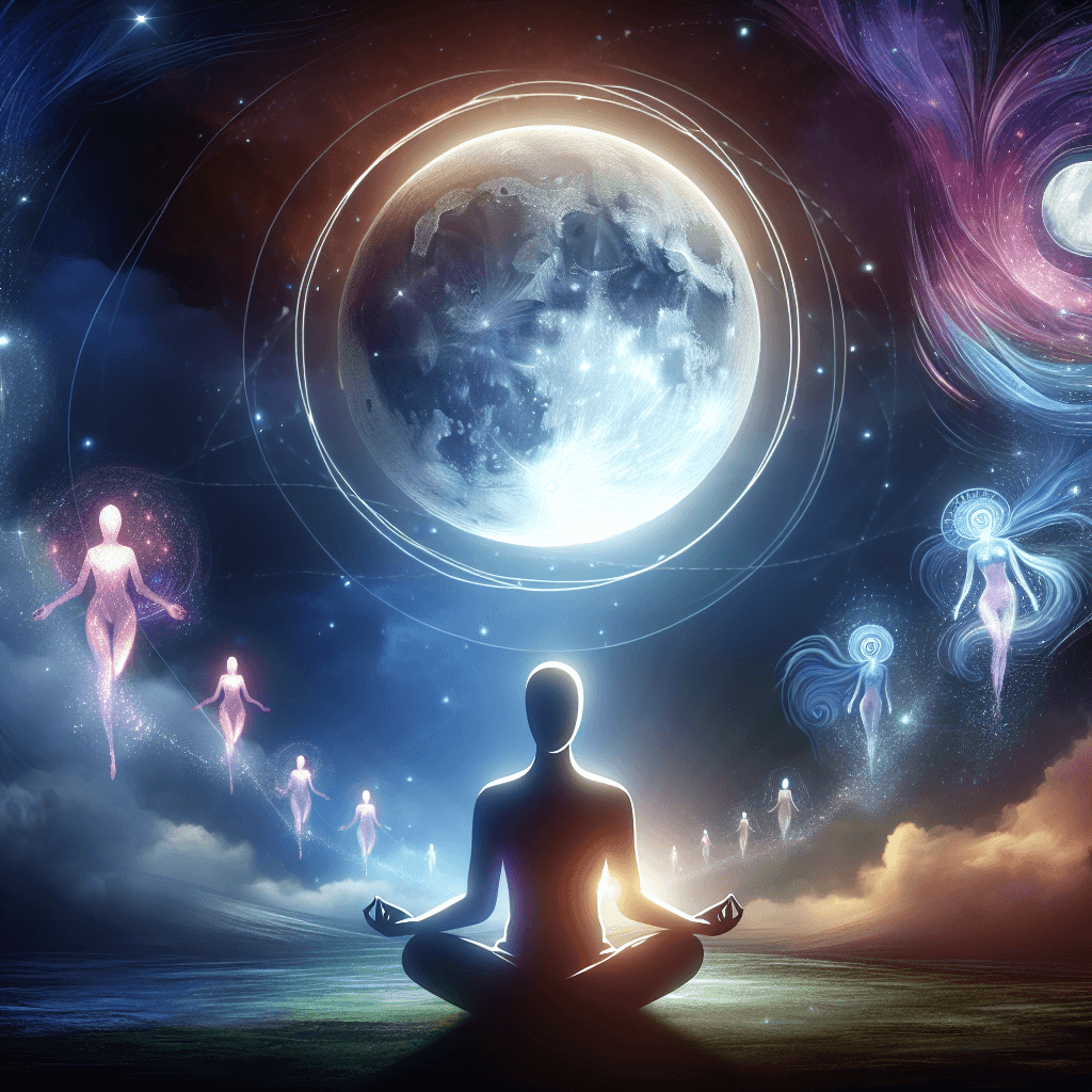 A silhouetted figure meditating with celestial imagery, including the moon and ethereal beings in the background.