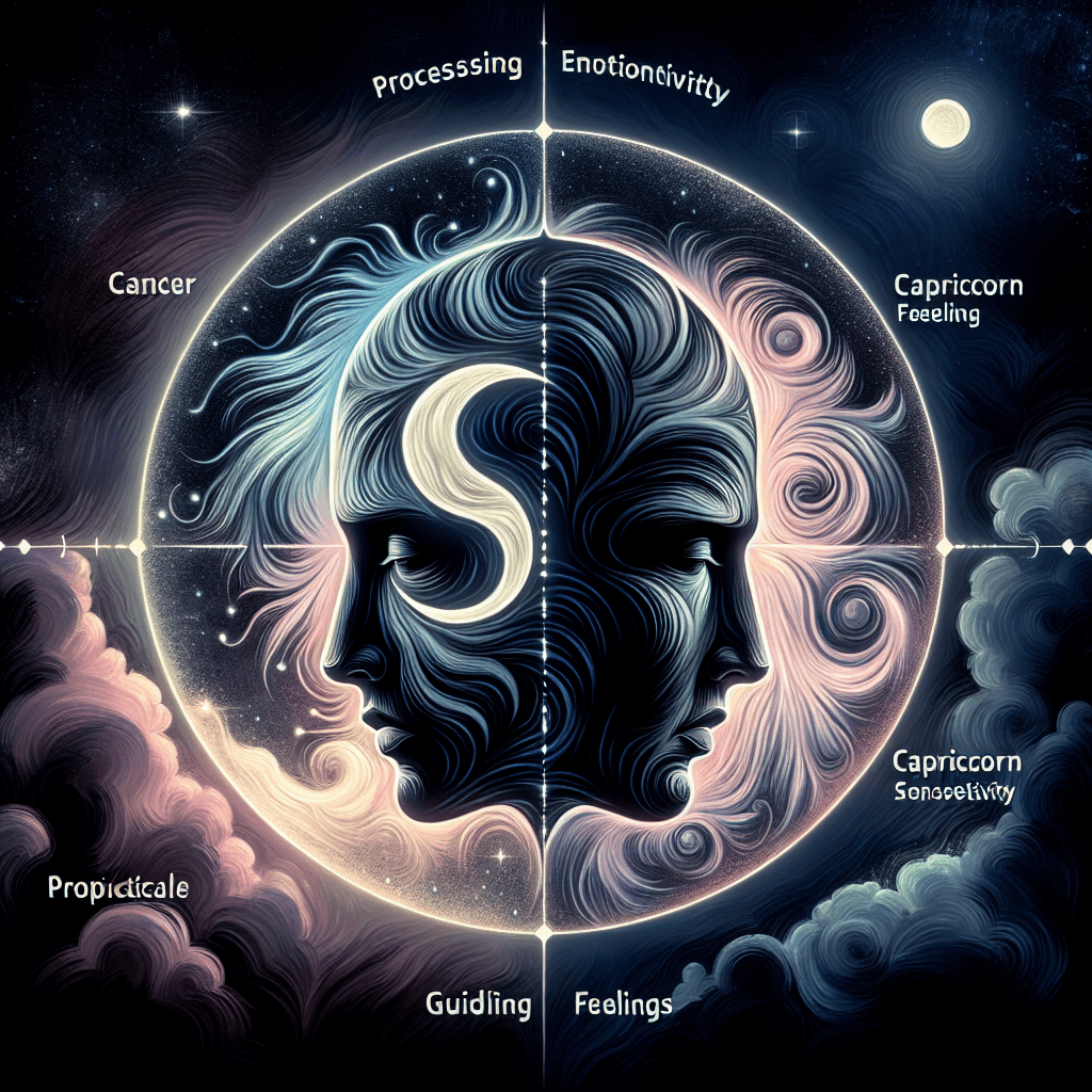 Illustration depicting two faces representing Cancer and Capricorn with swirling patterns and astrological terms.