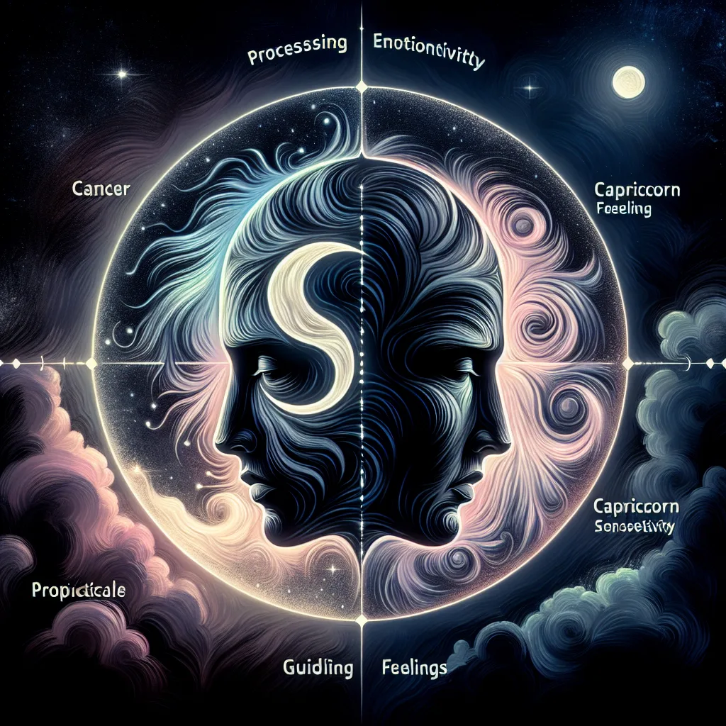 Illustration depicting two faces representing Cancer and Capricorn with swirling patterns and astrological terms.