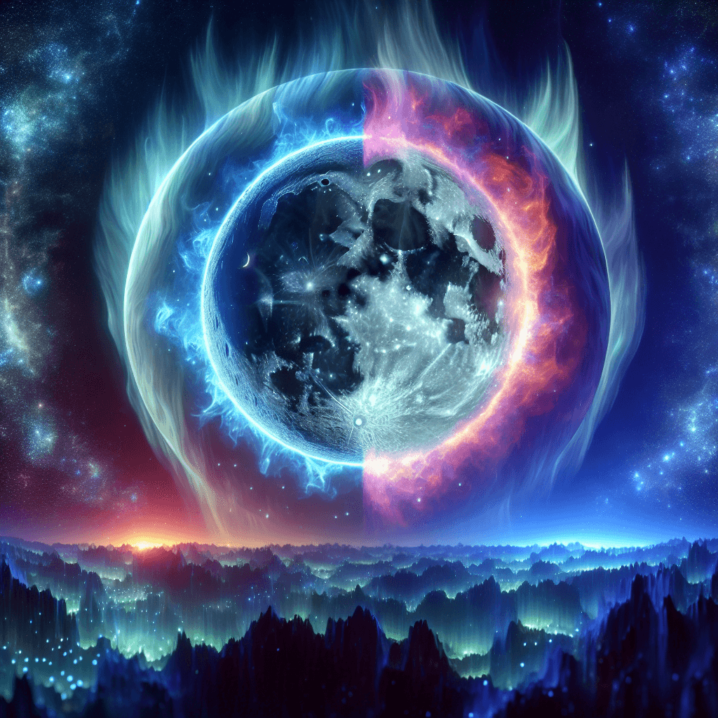 Digital artwork depicting a celestial scene with a divided moon surrounded by colorful cosmic elements.