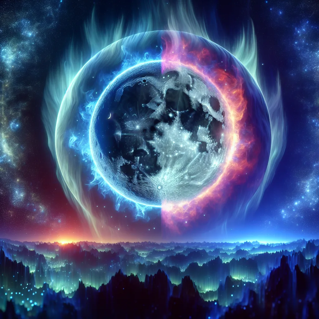 Digital artwork depicting a celestial scene with a divided moon surrounded by colorful cosmic elements.