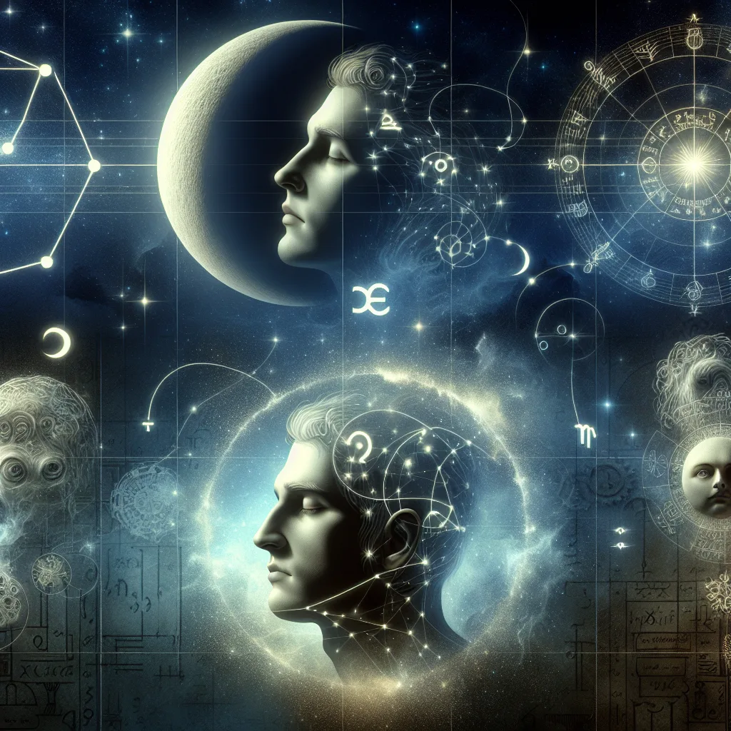 Artistic representation of human faces with celestial symbols and astrological elements in a cosmic background.