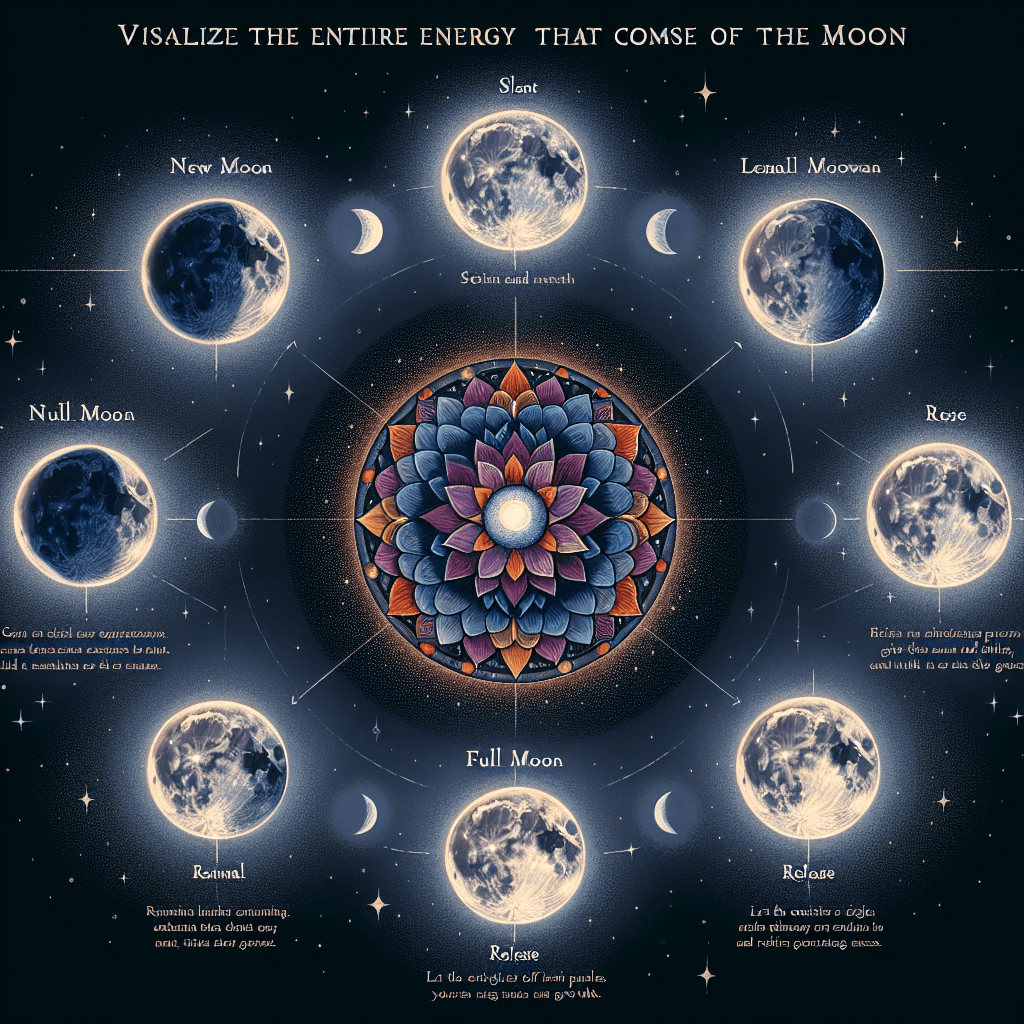 Illustration depicting the phases of the moon with corresponding energies and descriptions around a central mandala.