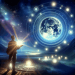 Silhouette of a person holding a book, gazing at a cosmic scene with the Earth and glowing circles.