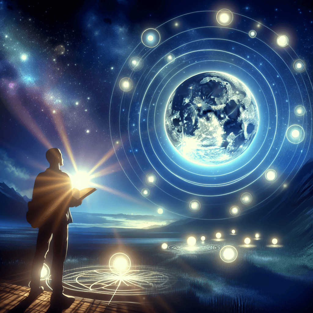 Silhouette of a person holding a book, gazing at a cosmic scene with the Earth and glowing circles.