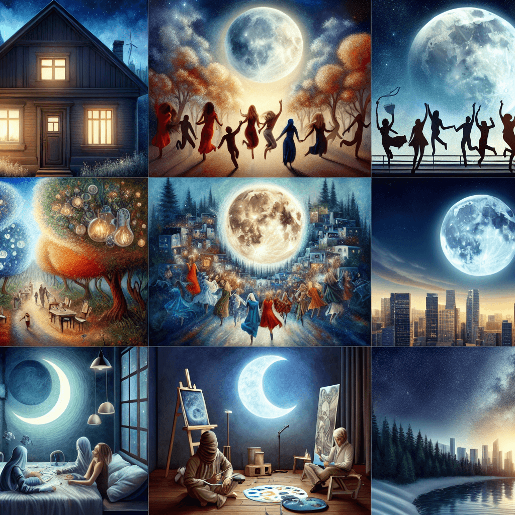 A collage of various artistic representations of moonlit scenes featuring people and landscapes.