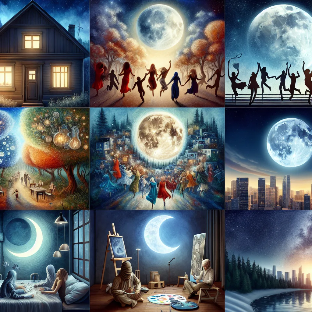 A collage of various artistic representations of moonlit scenes featuring people and landscapes.