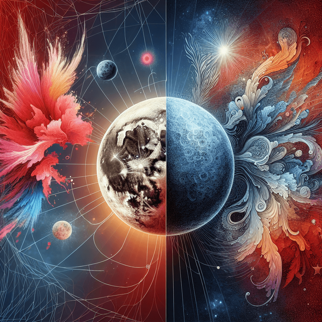 Abstract cosmic artwork depicting planets with vibrant colors and intricate patterns on either side.