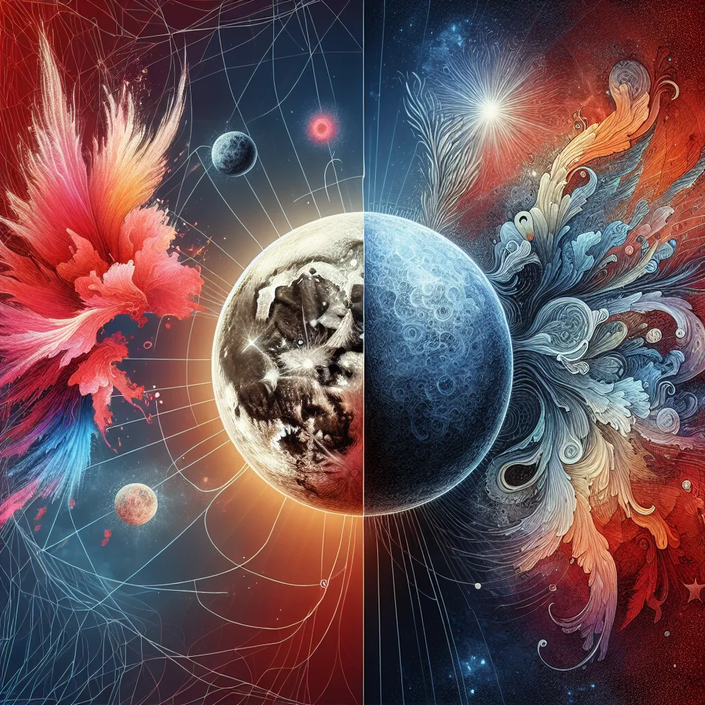 Abstract cosmic artwork depicting planets with vibrant colors and intricate patterns on either side.