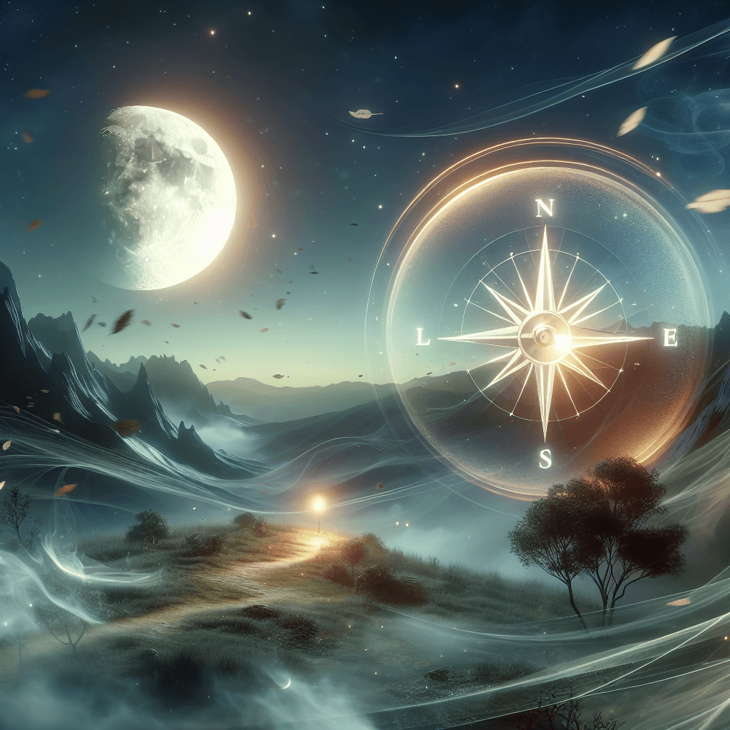 A compass overlaying a moonlit landscape with mountains and a winding path.