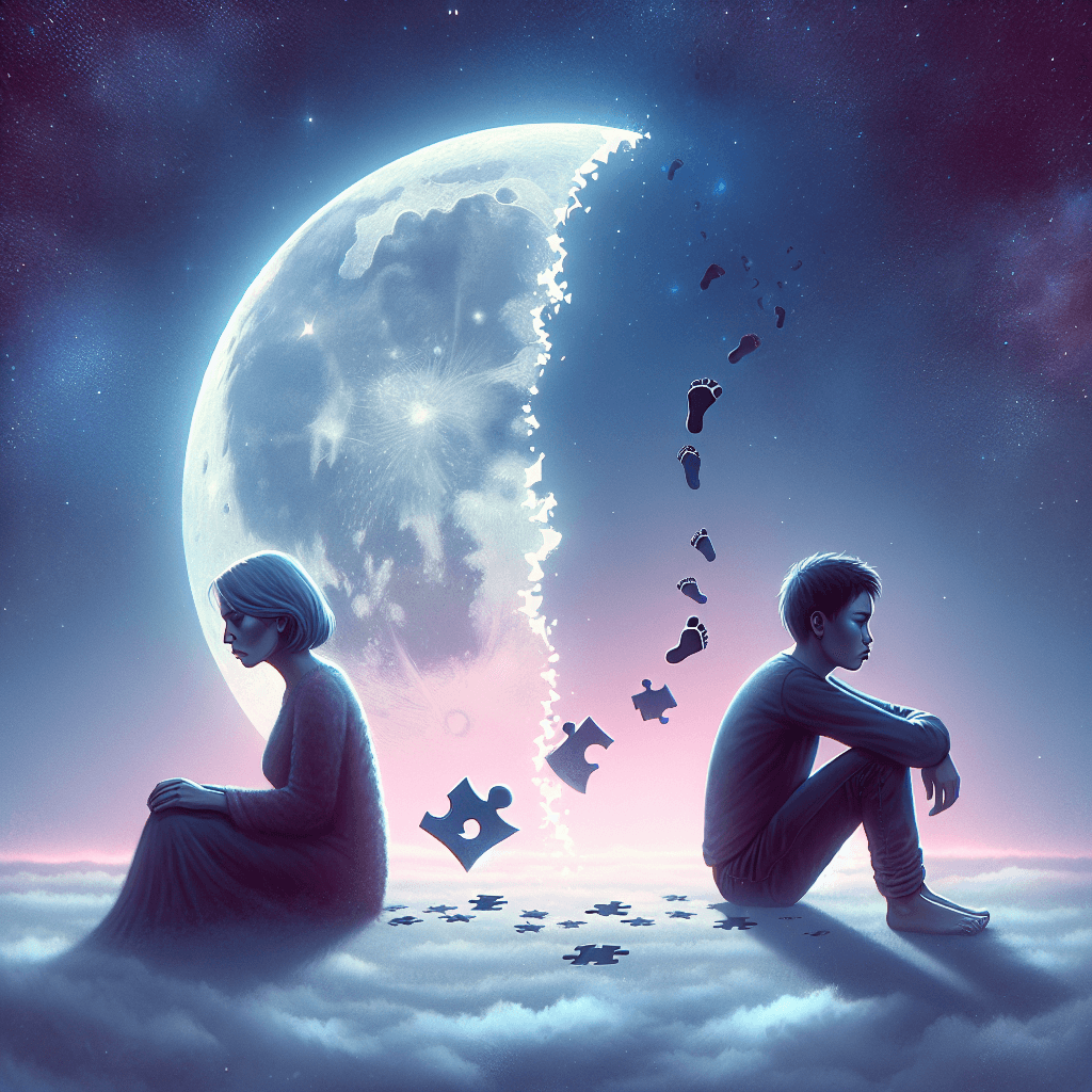 Digital illustration of two children sitting apart with a large moon and puzzle pieces in the background.