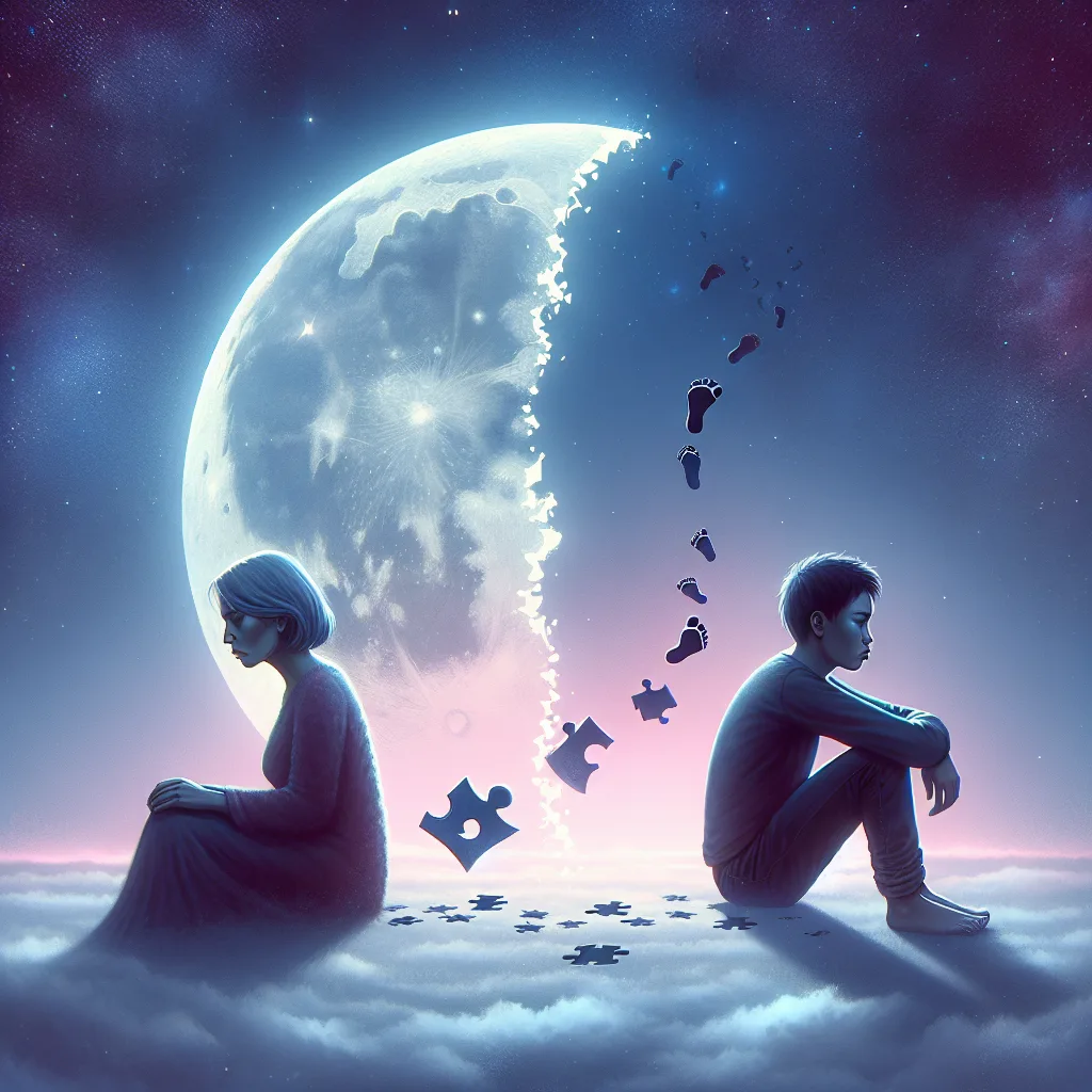 Digital illustration of two children sitting apart with a large moon and puzzle pieces in the background.