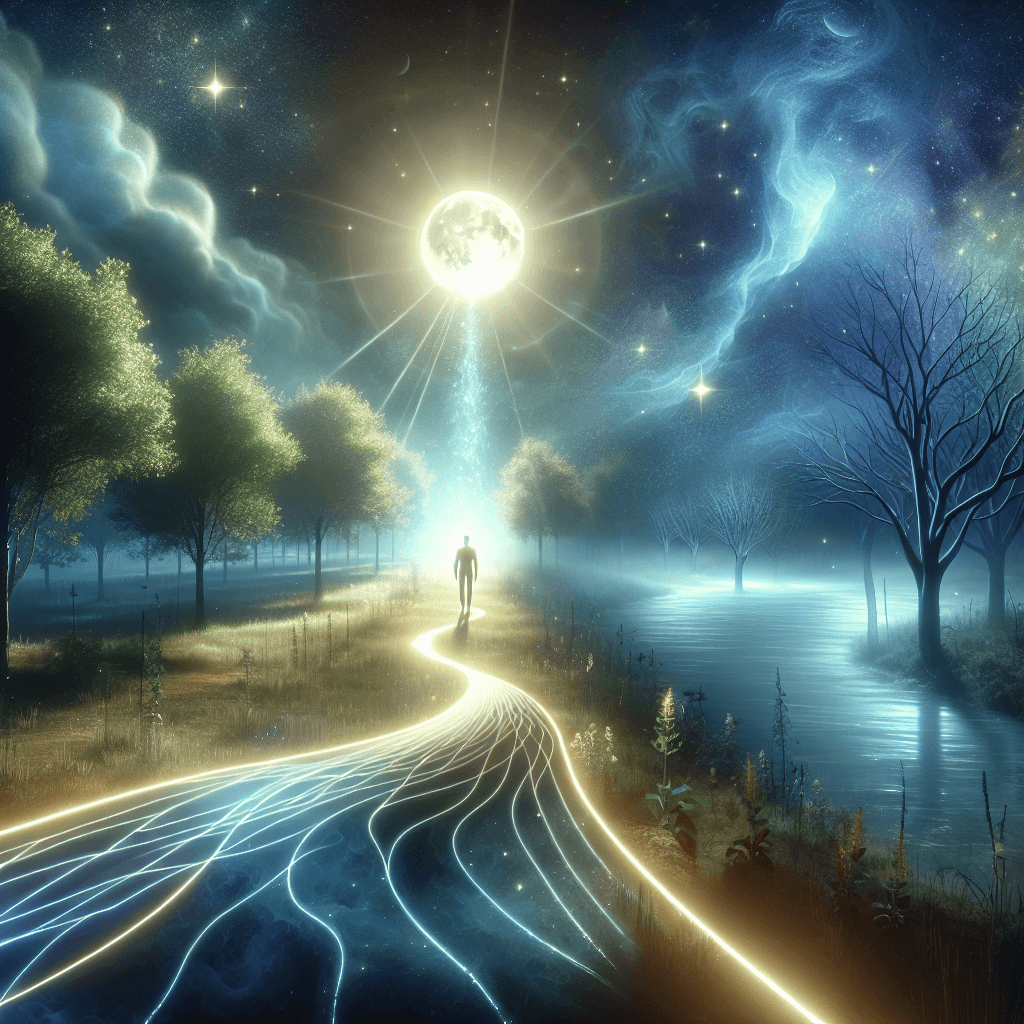 Um caminho iluminado com linhas brilhantes sob uma lua cheia em um cen&aacute;rio noturno com &aacute;rvores e &aacute;gua.